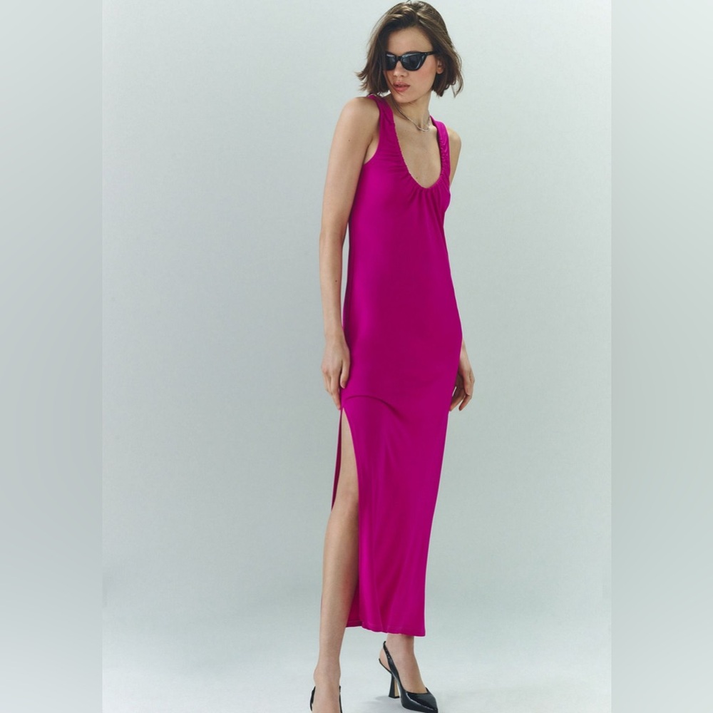 Anthropologie Fuchsia Sleeveless Ruched Scoop-Neck Midi Maxi Flowy Relaxed Dress
